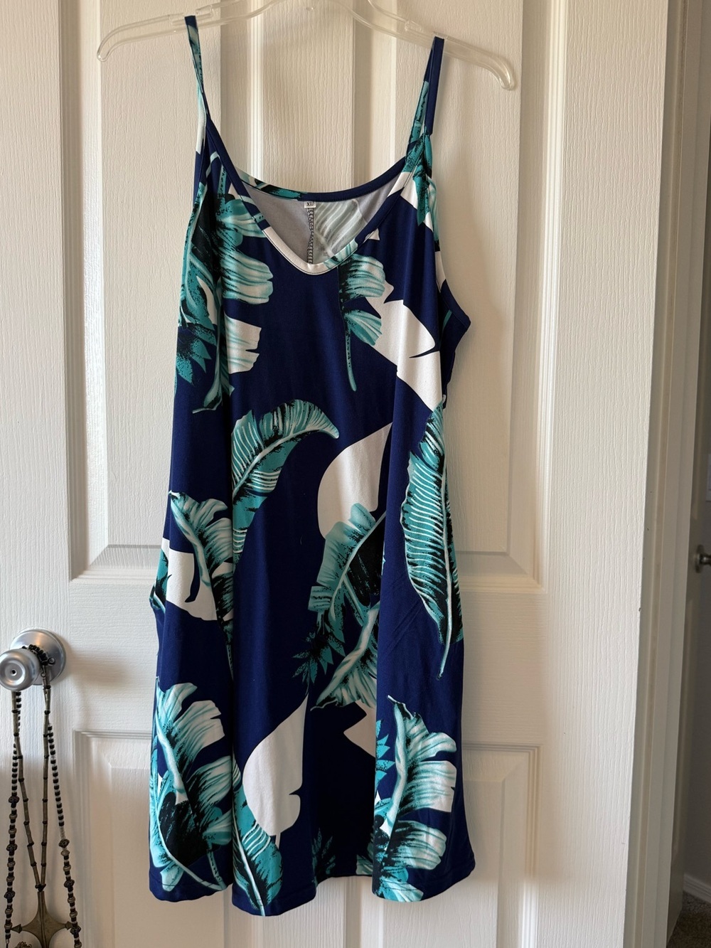 Tropical Leaf Print Navy Blue Spaghetti Strap Cami Dress XL Flowy Swing